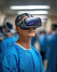 Asian male surgeon in scrubs using virtual reality headset in hospital concept of advanced medical technology
