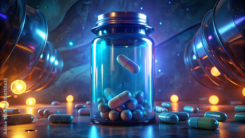 Poster a transparent jar contains floating capsules of various colors, illuminated by ambient light. glowin