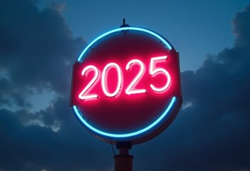 Obraz premium Neon Sign of 2025 against a Cloudy Sky