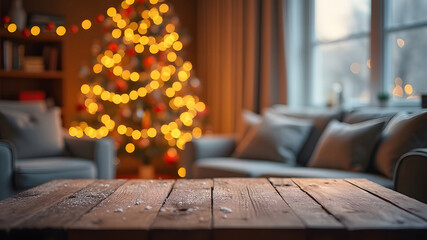 Empty woooden table top with abstract warm living room décor with Christmas tree string light blur background with snow ,Holiday backdrop ,Mock up banner for display of advertise product