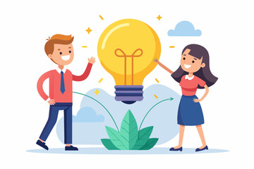 Lightbulb idea concept vector illustration, cartoon flat tiny man woman characters hold lamp light bulb, create of innovative ideas vector illustration