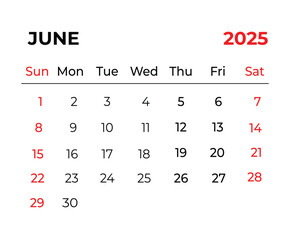 June 2025 Monthly Calendar design with clean look and week starts from sunday