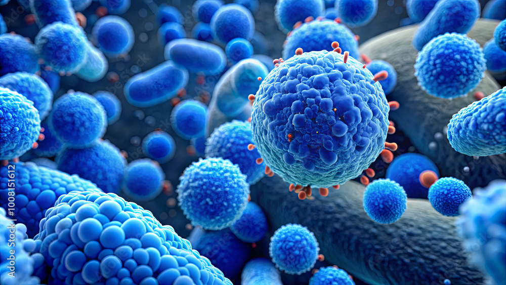 Poster this vibrant depiction reveals a close-up view of various blue bacteria and viruses in a microscopic