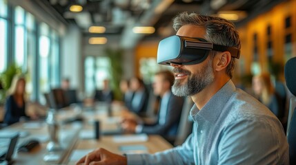 Caucasian man using virtual reality headset in modern office during business meeting
