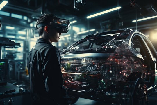 A technician examines a virtual car model in a high-tech workshop during an evening session