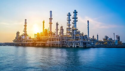 Obraz premium Industrial Complex at Sunset Overlooking a Calm Ocean