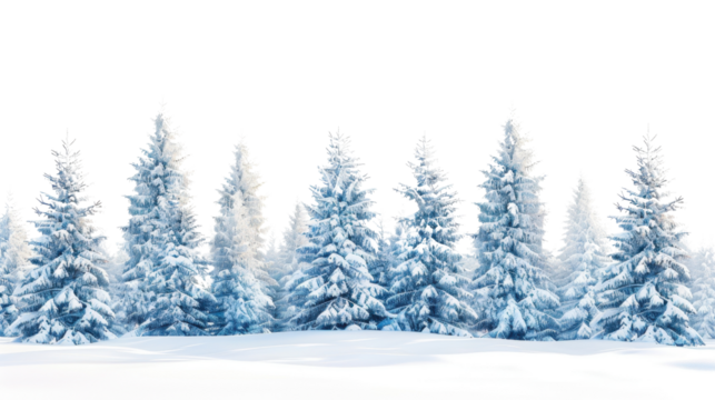 Winter landscape with pine trees covered in snow on white background