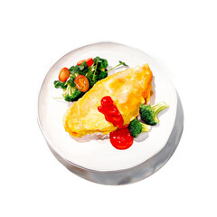 Watercolor illustration of a typical Japanese omelette rice and salad plate on white background.