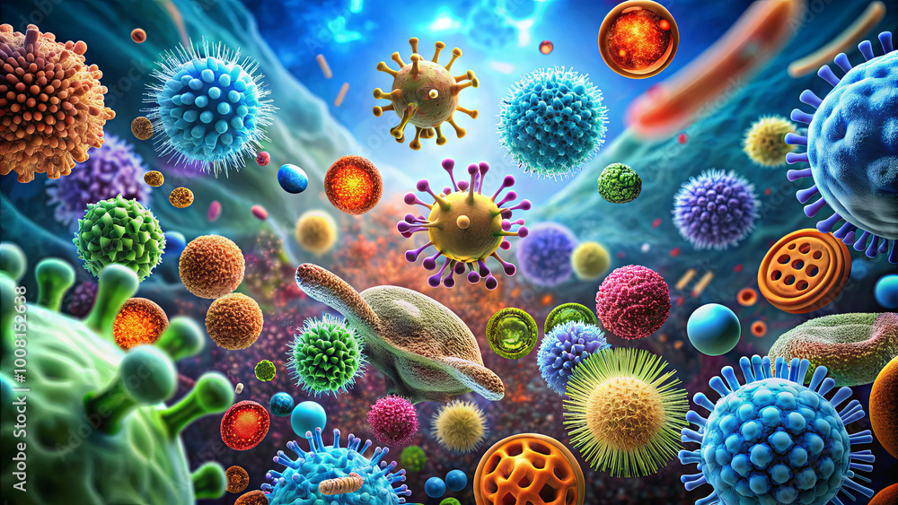 Poster the artwork showcases an array of colorful microorganisms, including bacteria and viruses, interacti