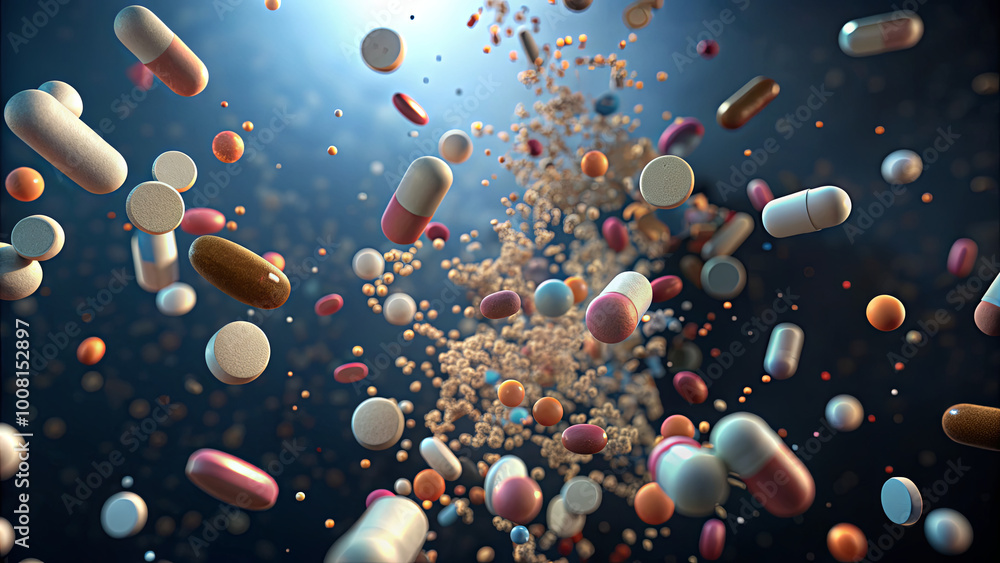 Poster a mesmerizing array of colorful capsules, pills, and particles is suspended in motion against a dark