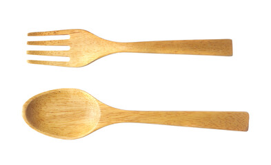 Wooden spoon and fork isolated on a white background.