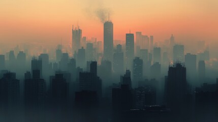 Fototapeta premium Silhouetted Skyscrapers Emerging from a Smoky Haze at Dawn