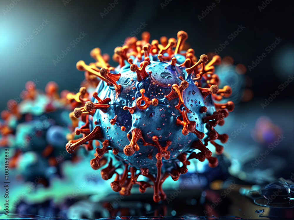 Poster the image presents a vibrant, detailed rendering of a virus, highlighting its cellular structure and
