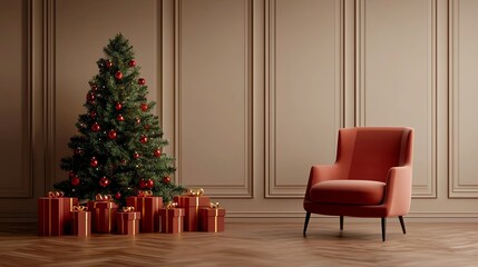 Cozy holiday scene featuring a decorated Christmas tree and a stylish orange armchair surrounded by presents.