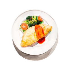 Watercolor illustration of a typical Japanese omelette rice and salad plate on white background.