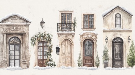 A painting of a row of doors and windows covered in snow