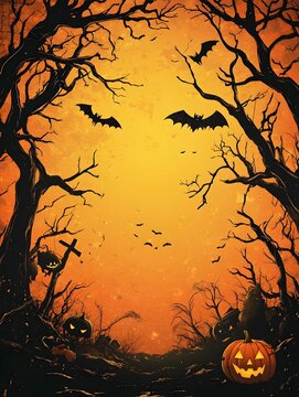 Eerie Halloween Atmosphere with Pumpkins  Bats  and Silhouetted Trees in Haunted Forest Landscape