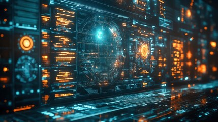 Futuristic digital interface with glowing data elements in a high-tech environment