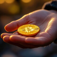 Hand holding golden bitcoin coin outdoors during sunset scene