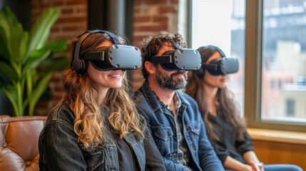 Group of diverse adults enjoying virtual reality experience indoors during the day
