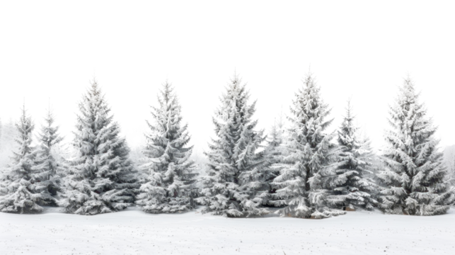 Winter landscape with pine trees covered in snow on white background