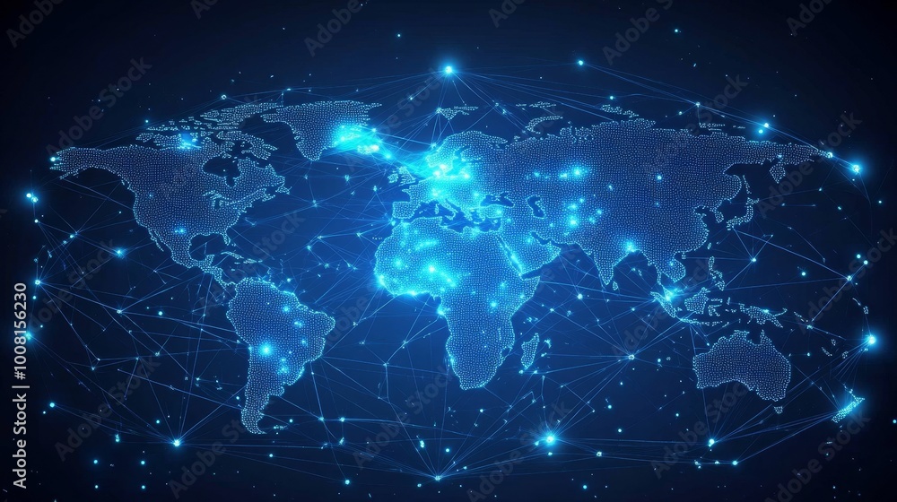 Poster the digital world map on a light blue background displays global network connectivity and technologi