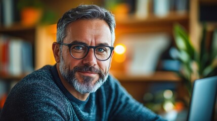 Fototapeta premium Middle-aged man with glasses smiling while working on laptop indoors in cozy setting