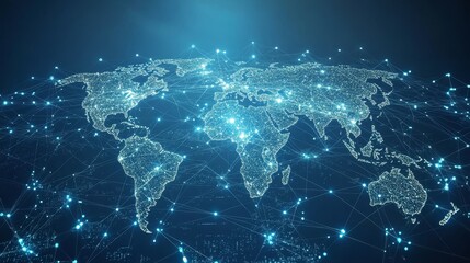 The digital world map on a light blue background displays global network connectivity and technological advancements. Reflect the concept of connecting modern economies through generative AI.