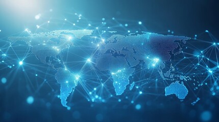The digital world map on a light blue background displays global network connectivity and technological advancements. Reflect the concept of connecting modern economies through generative AI.