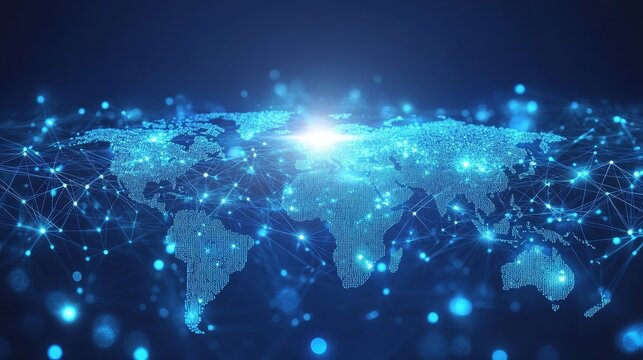 The digital world map on a light blue background displays global network connectivity and technological advancements. Reflect the concept of connecting modern economies through generative AI.