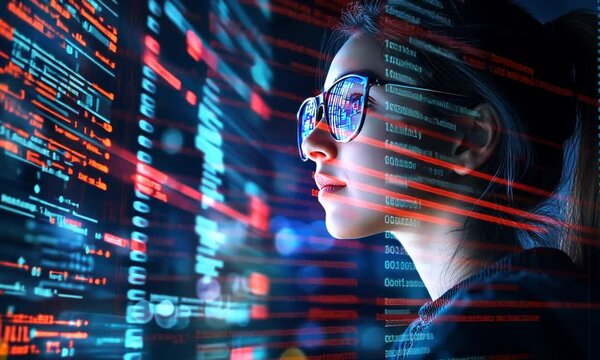 A young woman wearing glasses looks intently at a screen displaying lines of code in a dark room lit by blue and red light.