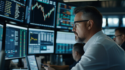 Group of Stock Market Traders Analyzing Market Trends on Multiple Screens