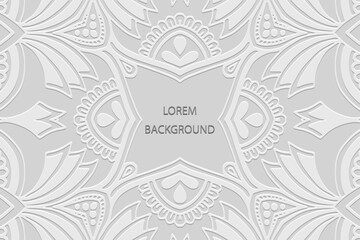 White lorem background, tribal cover design, banner. Geometric ethnic artistic 3D pattern. Ornaments, arabesques, mandala of the East, Asia, India, Mexico, Aztec, Peru. Embossing, place for text.