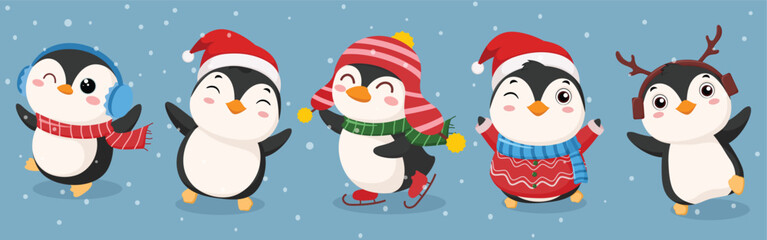 Set of cute christmas banner with penguin cartoon
