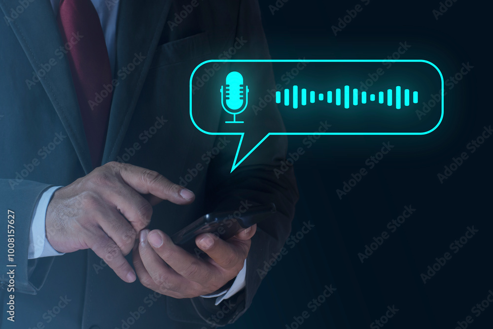 Poster man touching microphone and sound wave symbols set within speech bubble on smart phone. use your voi