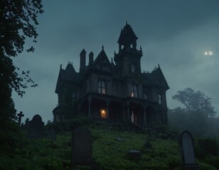 Creepy Abandoned Halloween Manor. Ghostly Figures and Fog Surrounding a Crumbling Abandoned Manor at Night