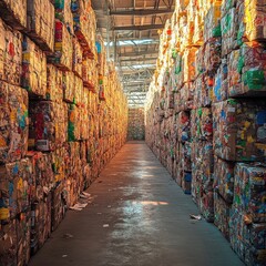 Fototapeta premium Stacked recycled materials in industrial warehouse creating a colorful corridor environment