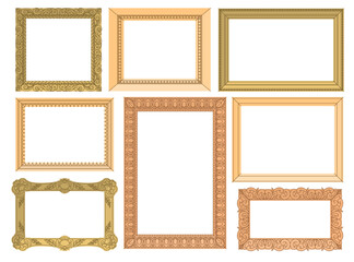 Set of golden ornamented frames. Place for portraits, landscapes and still lifes. Expensive framing for a mirror, painting or photograph. Place for text. Flat vector illustration.
