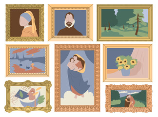 Paintings of famous artists in golden ornamented frames. Portraits, landscapes and still lifes painted with oil paints on canvas. Old works of art. World cultural heritage. Flat vector illustration.