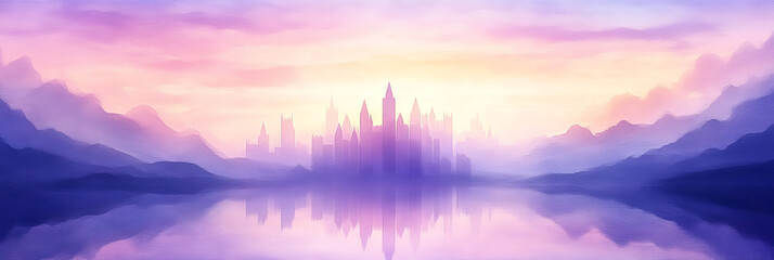 A dreamy cityscape reflected in a tranquil lake.
