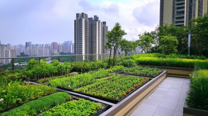 Fototapeta premium Rooftop Garden with Cityscape Background