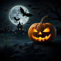 Illustrated Halloween background of Jack O ghost with bats in front of full moon