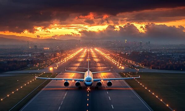 Airplane landing at the airport afternoon mood with cuff light