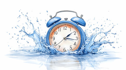A Blue Alarm Clock Submerged in Water with Splashing Waves, Time is Fleeting
