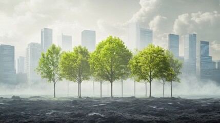 A Row of Trees in Front of a Foggy Cityscape