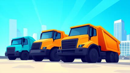 Three dump trucks parked in front of a city skyline.
