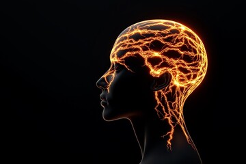 Obraz premium Woman's head with a brain that is on fire. . Silhouette of head with glowing neural connections. Spiritual connection with other world. Trance hypnosis concept. Process of human thinking. Banner,
