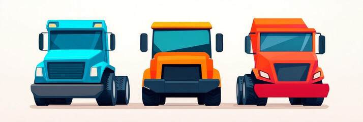 Three semi trucks, one blue, one orange, and one red, lined up in a row.