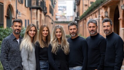 Obraz premium Group of people are standing in a line, with one of them wearing a black sweater. They are all smiling for the camera