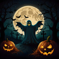 Illustrated Halloween background of Jack O ghost with bats in front of full moon